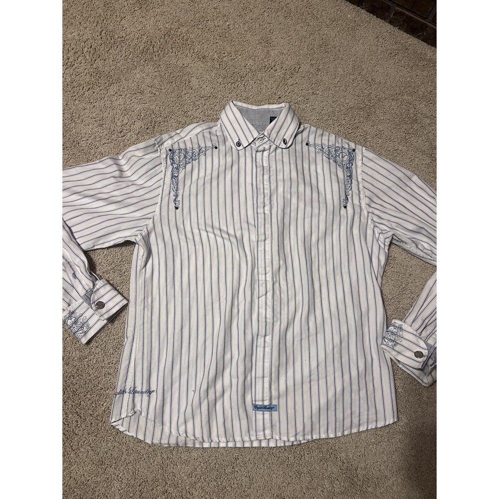 ENGLISH LAUNDRY Christopher Wicks Embroidered Hand Sewn Shirt ~ White Blue XXL